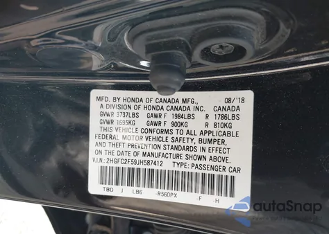 2018 Honda Civic Lx из США, поврежденный, VIN 2HGFC2F59JH587412